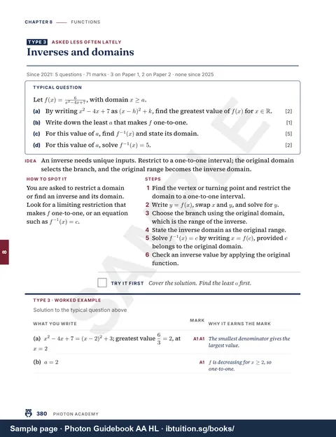 Sample page from Photon Guidebook: IB Maths AA HL: A question type: the tell, the method and a worked example marked line by line (Vol. 1, Ch 8)