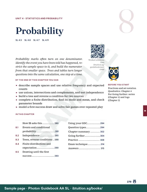 Sample page from Photon Guidebook: IB Maths AA SL: Chapter opener: Probability (Ch 8)
