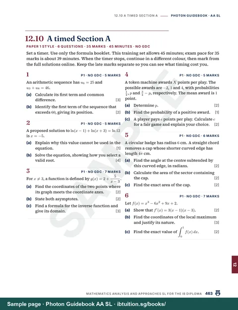 Sample page from Photon Guidebook: IB Maths AA SL: Exam strategy: a timed Section A (Ch 12)