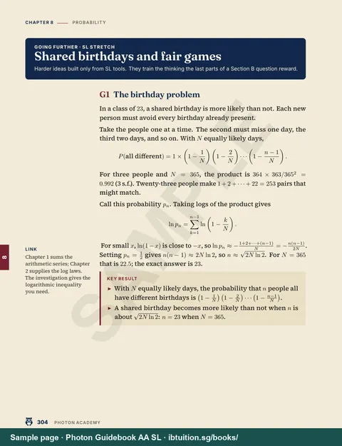 Sample page from Photon Guidebook: IB Maths AA SL: Going further: the birthday problem (Ch 8)