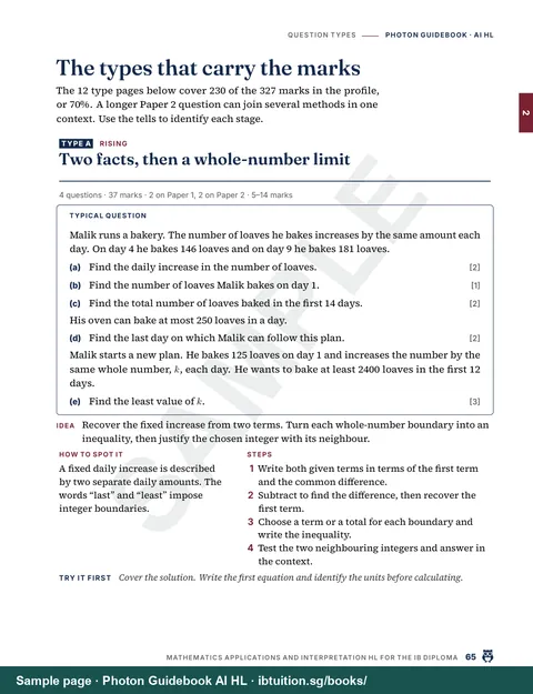 Sample page from Photon Guidebook: IB Maths AI HL: A question type: a typical question, the idea, the steps and a worked solution marked line by line (Ch 2)