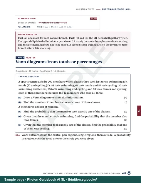 Sample page from Photon Guidebook: IB Maths AI SL: A second question type, with its worked solution (Ch 10)