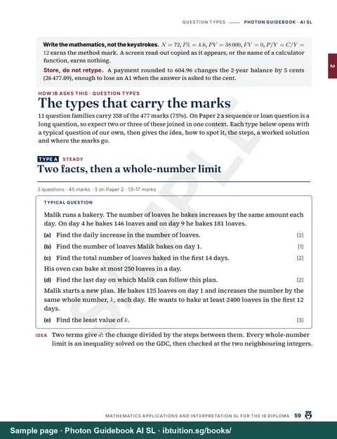 Sample page from Photon Guidebook: IB Maths AI SL: A question type: a typical question, the idea, the steps and a worked solution marked line by line (Ch 2)