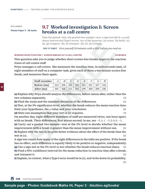 Sample page from Photon Guidebook: IB Maths HL Paper 3: A worked investigation for Applications and Interpretation HL (Ch 9)