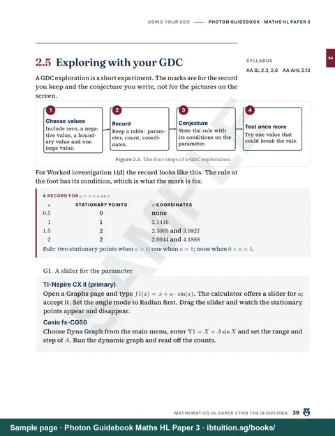 Sample page from Photon Guidebook: IB Maths HL Paper 3: Using your GDC: TI-Nspire CX II keystrokes first, Casio fx-CG50 second (Ch 2)