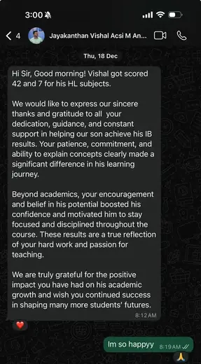 WhatsApp thank-you from an IB parent whose son scored 42 with all 7s at Photon Academy