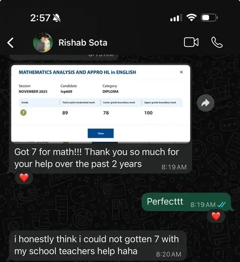 WhatsApp message: IB student scored grade 7 in Math AA HL with Photon Academy