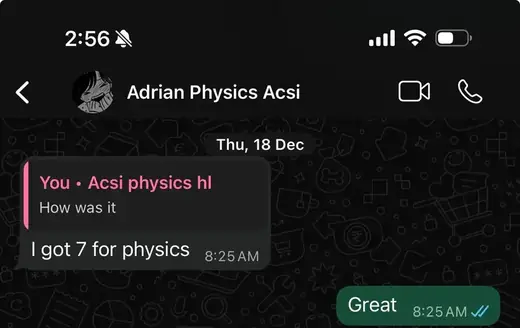 WhatsApp message: IB student scored 7 in Physics HL at Photon Academy