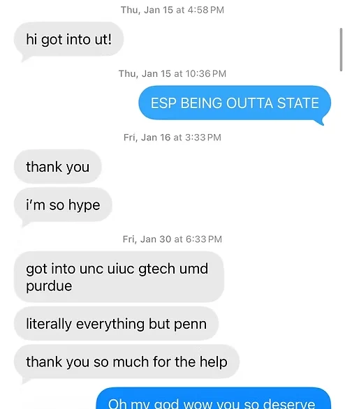 Student messages listing admissions to UNC, UIUC, Georgia Tech, UMD and Purdue