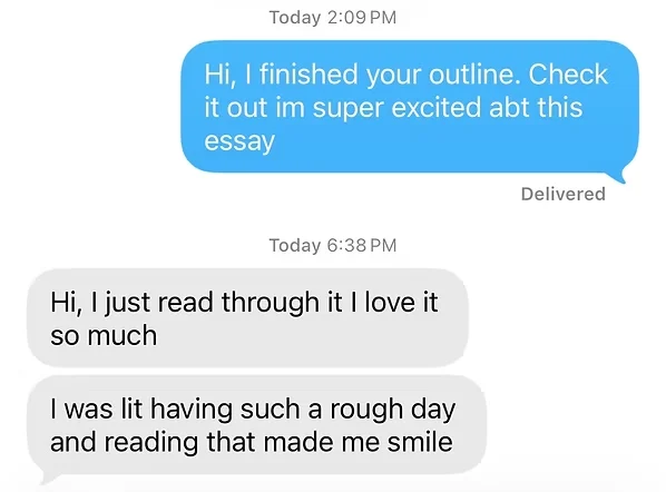 Student message about an essay draft