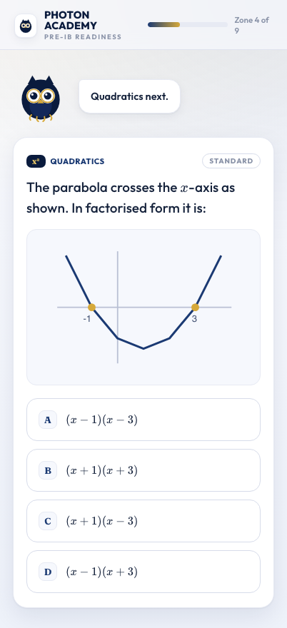 A graph-based question in the Pre-IB Math Diagnostic — reading the factorised form of a parabola from its roots